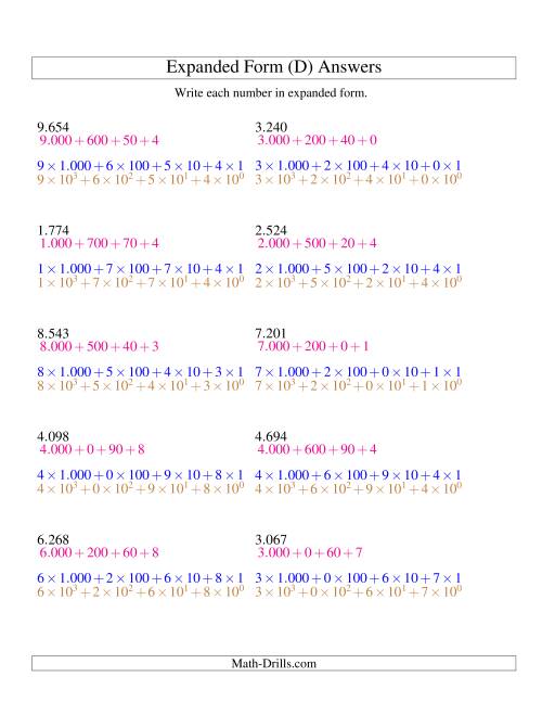 The Writing Numbers in Expanded Form 1.000 to 9.999 (Euro Version) (D) Math Worksheet Page 2