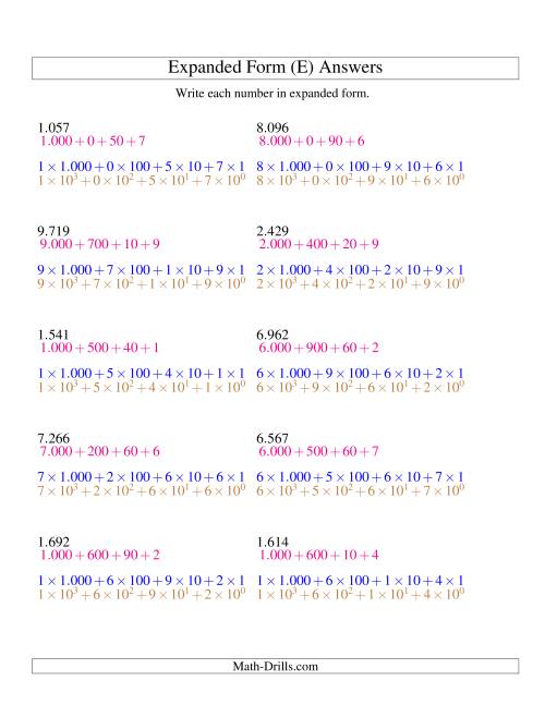 The Writing Numbers in Expanded Form 1.000 to 9.999 (Euro Version) (E) Math Worksheet Page 2
