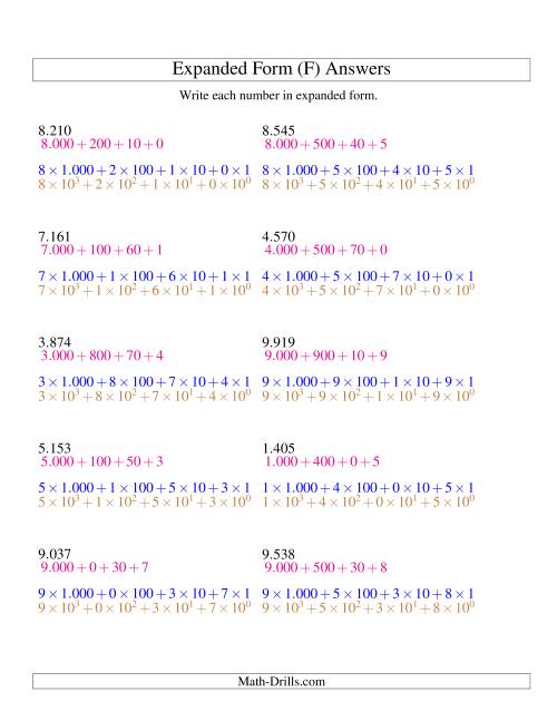 The Writing Numbers in Expanded Form 1.000 to 9.999 (Euro Version) (F) Math Worksheet Page 2