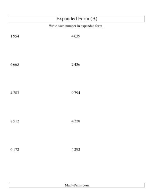 The Writing Numbers in Expanded Form 1 000 to 9 999 (SI Version) (B) Math Worksheet