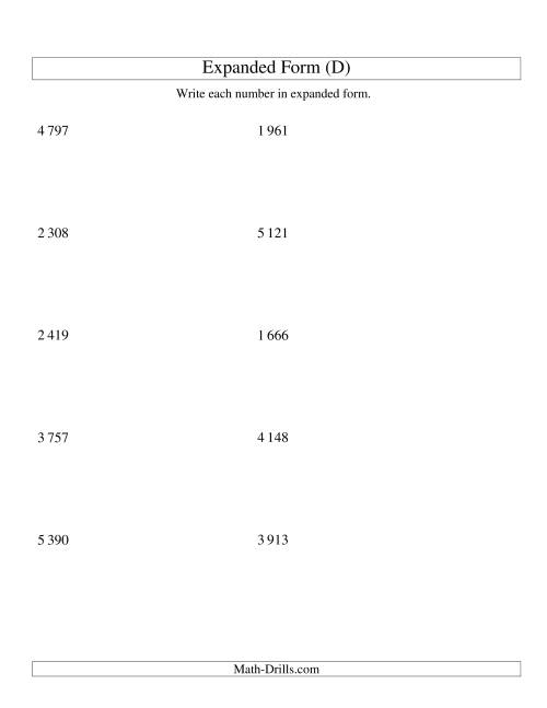 The Writing Numbers in Expanded Form 1 000 to 9 999 (SI Version) (D) Math Worksheet