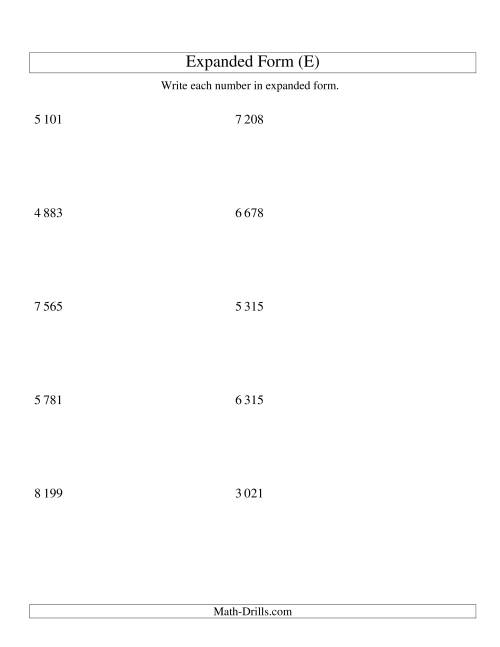 The Writing Numbers in Expanded Form 1 000 to 9 999 (SI Version) (E) Math Worksheet