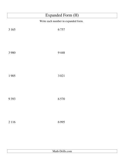 The Writing Numbers in Expanded Form 1 000 to 9 999 (SI Version) (H) Math Worksheet