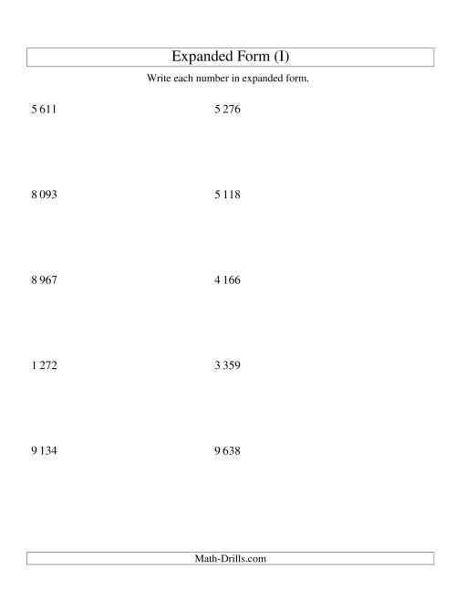 The Writing Numbers in Expanded Form 1 000 to 9 999 (SI Version) (I) Math Worksheet