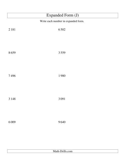 The Writing Numbers in Expanded Form 1 000 to 9 999 (SI Version) (J) Math Worksheet