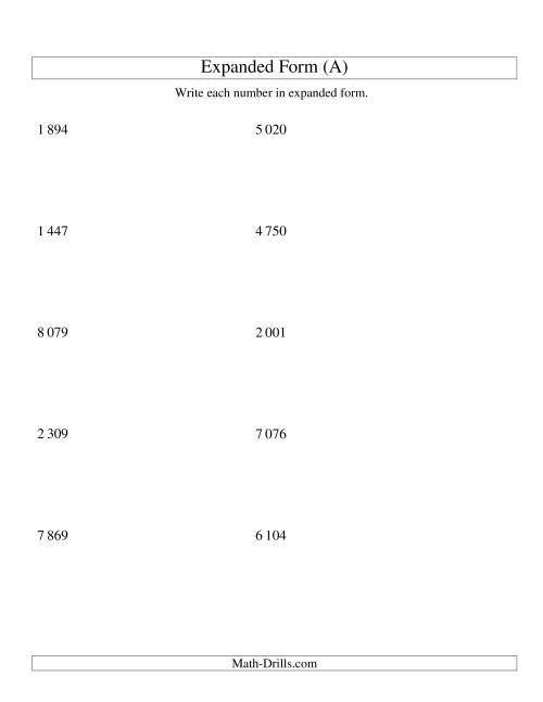 The Writing Numbers in Expanded Form 1 000 to 9 999 (SI Version) (All) Math Worksheet