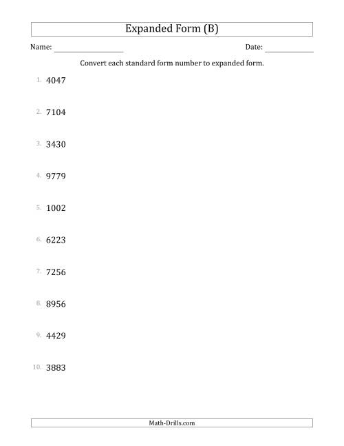 The Converting Standard Form Numbers to Expanded Form (4-Digit Numbers) (B) Math Worksheet