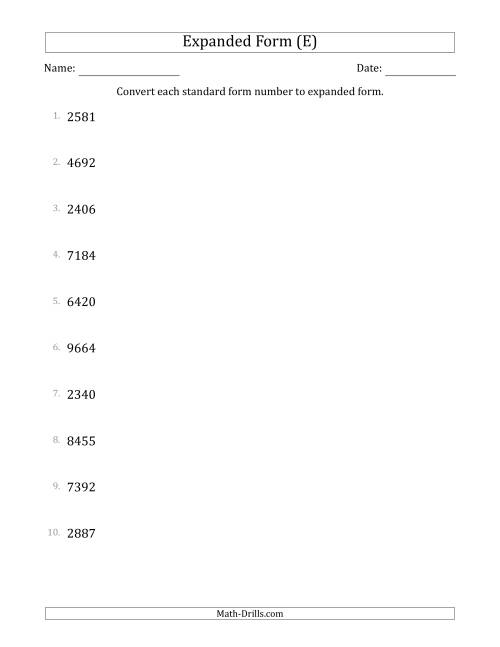 The Converting Standard Form Numbers to Expanded Form (4-Digit Numbers) (E) Math Worksheet