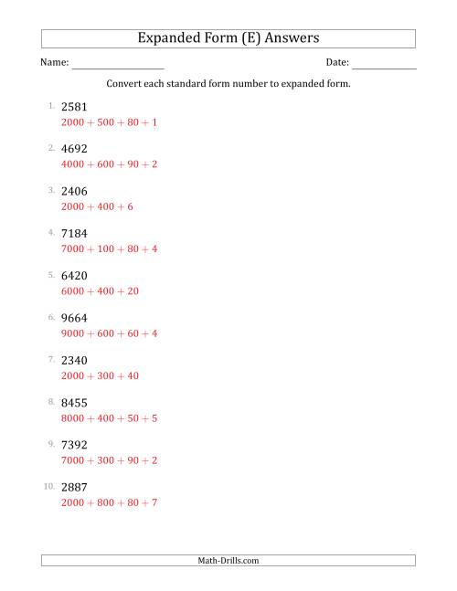 The Converting Standard Form Numbers to Expanded Form (4-Digit Numbers) (E) Math Worksheet Page 2