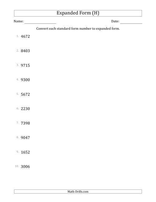 The Converting Standard Form Numbers to Expanded Form (4-Digit Numbers) (H) Math Worksheet
