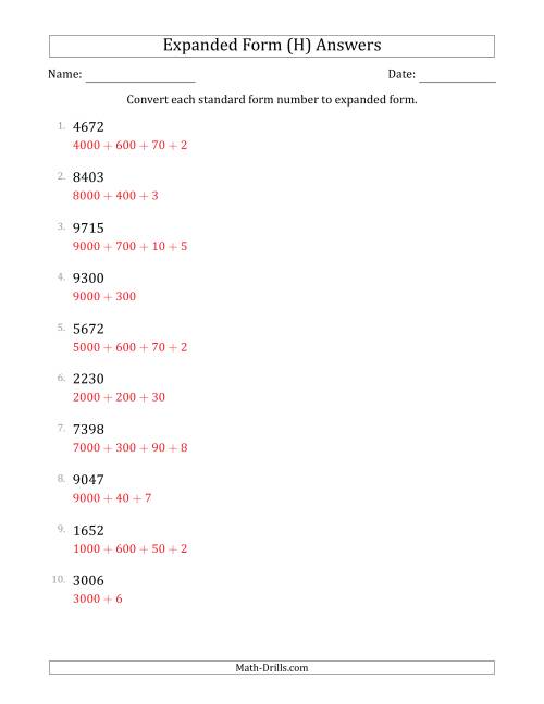 The Converting Standard Form Numbers to Expanded Form (4-Digit Numbers) (H) Math Worksheet Page 2