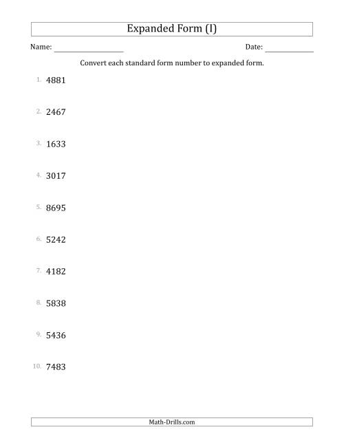 The Converting Standard Form Numbers to Expanded Form (4-Digit Numbers) (I) Math Worksheet