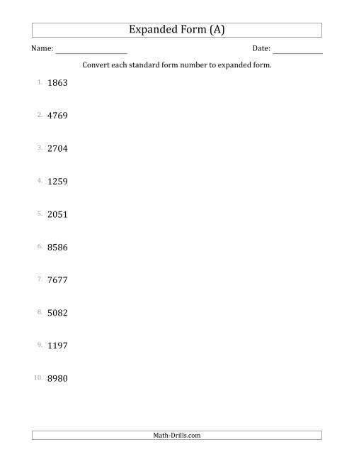 The Converting Standard Form Numbers to Expanded Form (4-Digit Numbers) (All) Math Worksheet