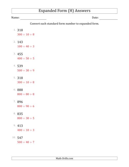 Converting Standard Form Numbers to Expanded Form (3-Digit Numbers) (H)