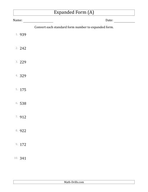 The Converting Standard Form Numbers to Expanded Form (3-Digit Numbers) (All) Math Worksheet