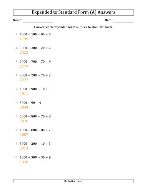 The Converting Expanded Form Numbers to Standard Form (4-Digit Numbers) (A) Math Worksheet Page 2