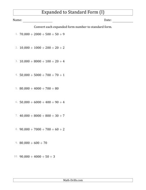 The Converting Expanded Form Numbers to Standard Form (5-Digit Numbers) (US/UK) (I) Math Worksheet