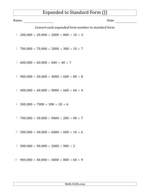The Converting Expanded Form Numbers to Standard Form (6-Digit Numbers) (US/UK) (J) Math Worksheet