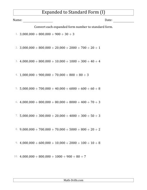 The Converting Expanded Form Numbers to Standard Form (7-Digit Numbers) (US/UK) (I) Math Worksheet