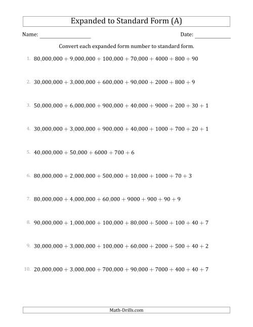 The Converting Expanded Form Numbers to Standard Form (8-Digit Numbers) (US/UK) (A) Math Worksheet