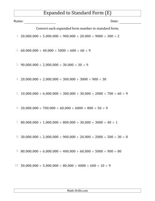 The Converting Expanded Form Numbers to Standard Form (8-Digit Numbers) (US/UK) (E) Math Worksheet