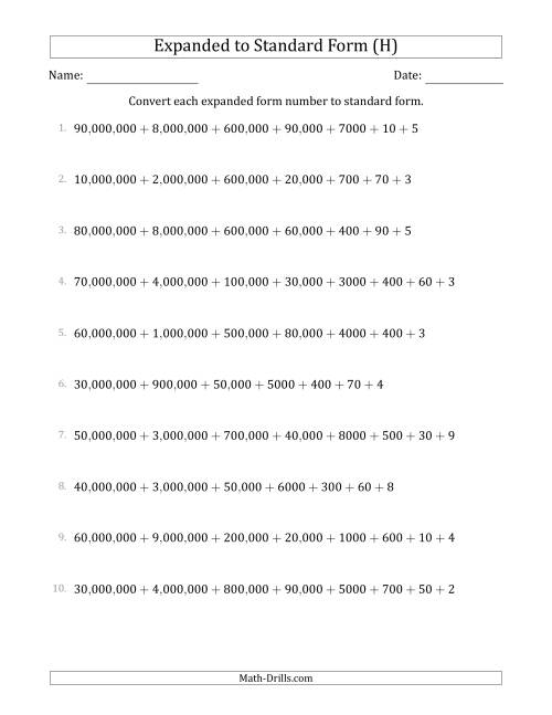 The Converting Expanded Form Numbers to Standard Form (8-Digit Numbers) (US/UK) (H) Math Worksheet
