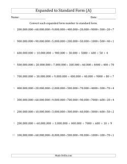 Converting Expanded Form Numbers to Standard Form (9-Digit Numbers) (US/UK)