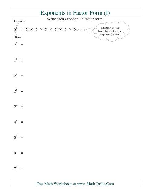 The Exponents in Factor Form (I) Math Worksheet
