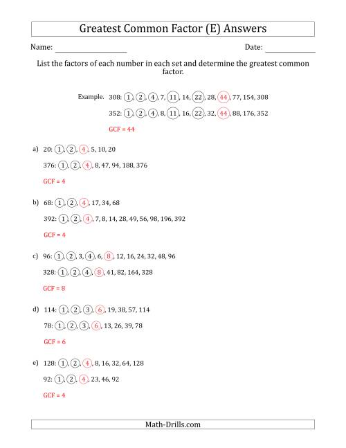 The Determining Greatest Common Factors of Sets of Two Numbers from 4 to 400 (E) Math Worksheet Page 2