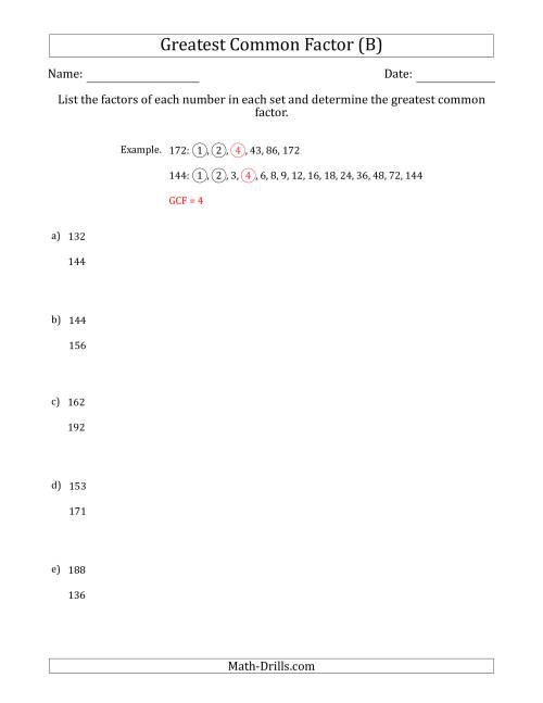 The Determining Greatest Common Factors of Sets of Two Numbers from 100 to 200 (B) Math Worksheet