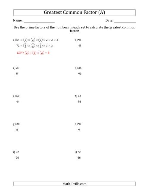 The Calculating Greatest Common Factors of Sets of Two Numbers from 4 to 100 Using Prime Factors (All) Math Worksheet