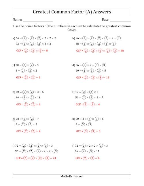 The Calculating Greatest Common Factors of Sets of Two Numbers from 4 to 100 Using Prime Factors (All) Math Worksheet Page 2