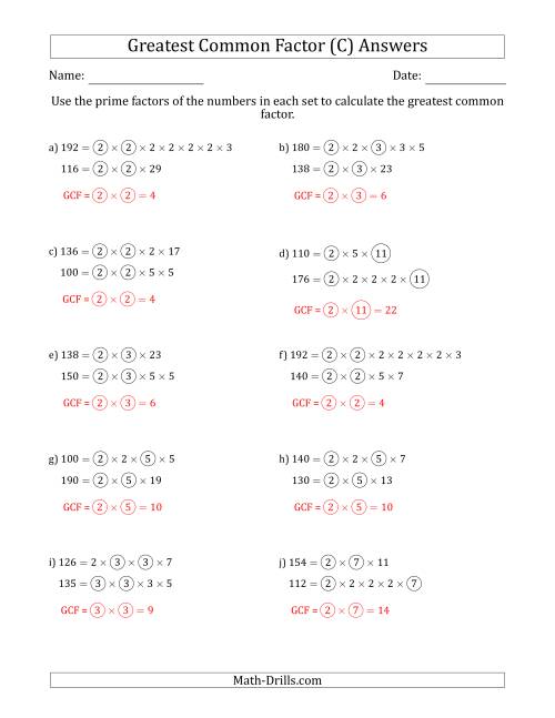 The Calculating Greatest Common Factors of Sets of Two Numbers from 100 to 200 Using Prime Factors (C) Math Worksheet Page 2