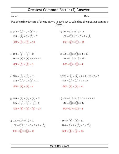 The Calculating Greatest Common Factors of Sets of Two Numbers from 100 to 200 Using Prime Factors (I) Math Worksheet Page 2