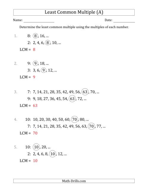 Least Common Multiple from Multiples of Numbers to 10 (A)