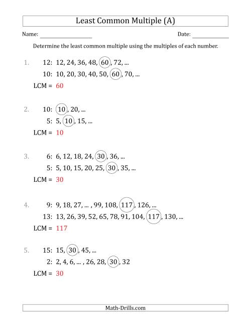 The Least Common Multiple from Multiples of Numbers to 15 (All) Math Worksheet Page 2