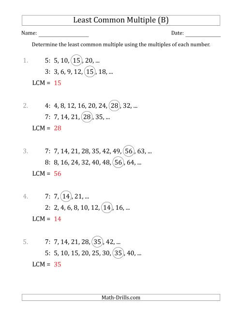 The Least Common Multiple from Multiples of Numbers to 10 (LCM Not Numbers) (B) Math Worksheet Page 2