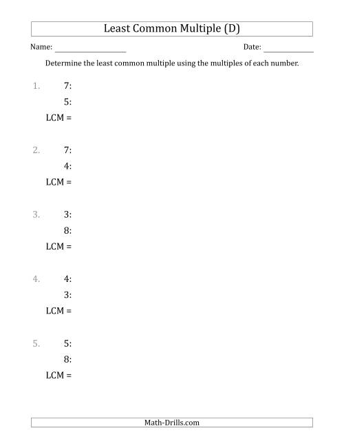 The Least Common Multiple from Multiples of Numbers to 10 (LCM Not Numbers) (D) Math Worksheet