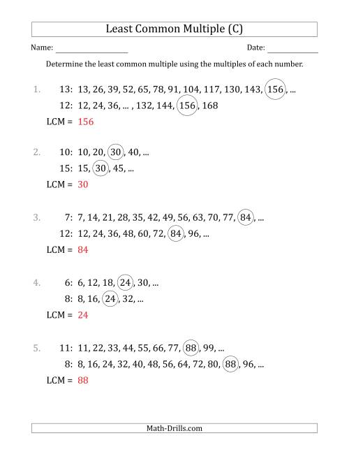 The Least Common Multiple from Multiples of Numbers to 15 (LCM Not Numbers) (C) Math Worksheet Page 2