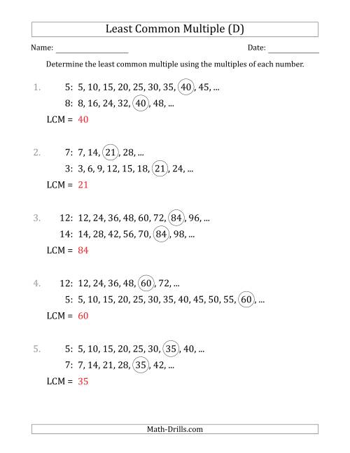 The Least Common Multiple from Multiples of Numbers to 15 (LCM Not Numbers) (D) Math Worksheet Page 2