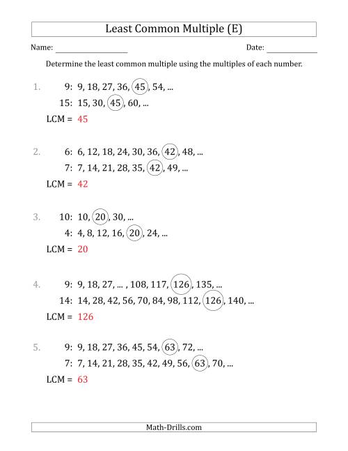 The Least Common Multiple from Multiples of Numbers to 15 (LCM Not Numbers) (E) Math Worksheet Page 2