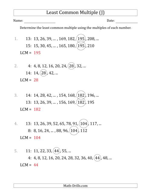 The Least Common Multiple from Multiples of Numbers to 15 (LCM Not Numbers) (J) Math Worksheet Page 2