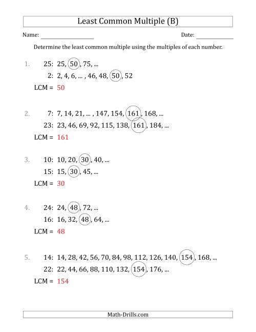 The Least Common Multiple from Multiples of Numbers to 25 (LCM Not Numbers) (B) Math Worksheet Page 2