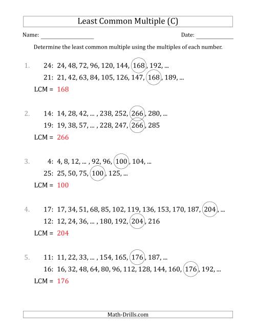 The Least Common Multiple from Multiples of Numbers to 25 (LCM Not Numbers) (C) Math Worksheet Page 2