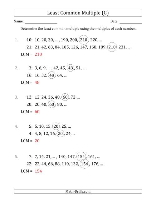 The Least Common Multiple from Multiples of Numbers to 25 (LCM Not Numbers) (G) Math Worksheet Page 2