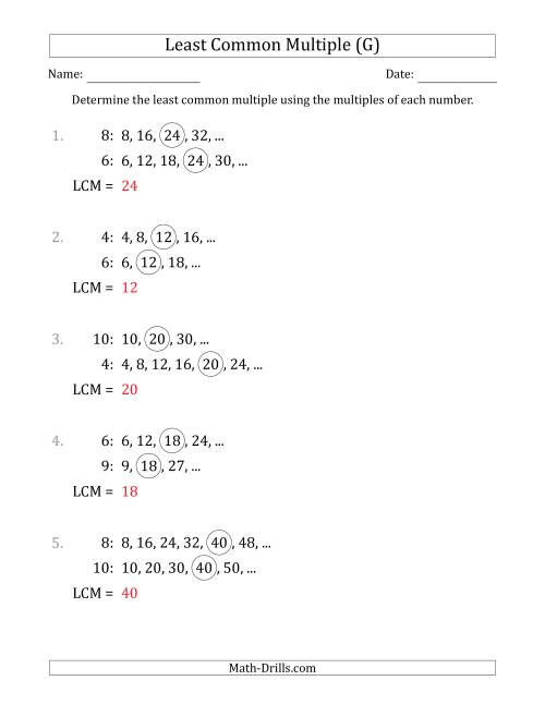The Least Common Multiple from Multiples of Numbers to 10 (LCM Not Numbers or Product) (G) Math Worksheet Page 2