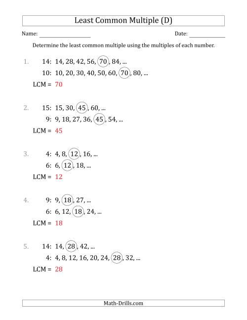 The Least Common Multiple from Multiples of Numbers to 15 (LCM Not Numbers or Product) (D) Math Worksheet Page 2