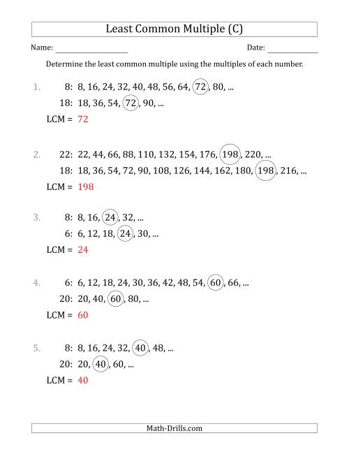 The Least Common Multiple from Multiples of Numbers to 25 (LCM Not Numbers or Product) (C) Math Worksheet Page 2