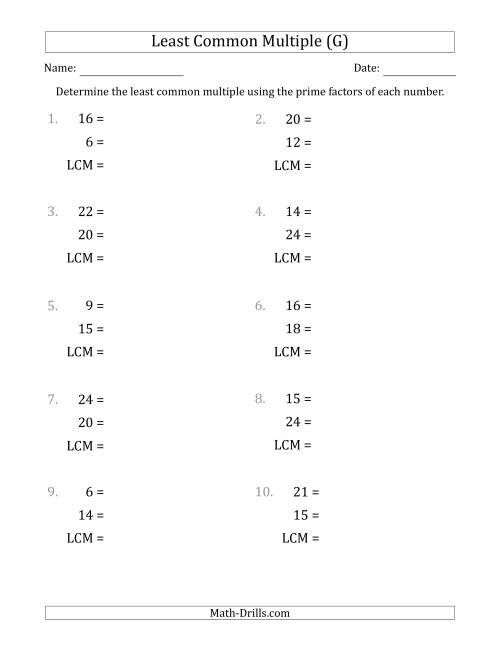The Least Common Multiples of Numbers to 25 from Prime Factors with LCM's Not Equal to Numbers or Products (G) Math Worksheet