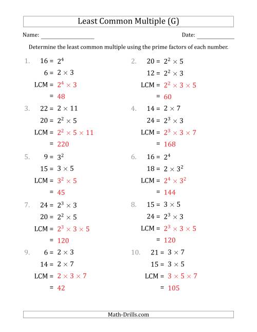 The Least Common Multiples of Numbers to 25 from Prime Factors with LCM's Not Equal to Numbers or Products (G) Math Worksheet Page 2